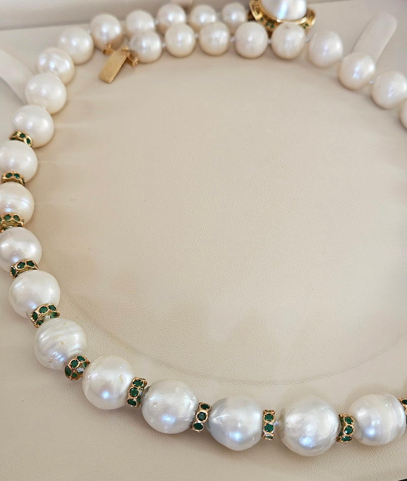 Vintage 14K Gold Cultured 10-15mm Pearl Necklace Emerald Rondelles Mabe Pearl Clasp 20"