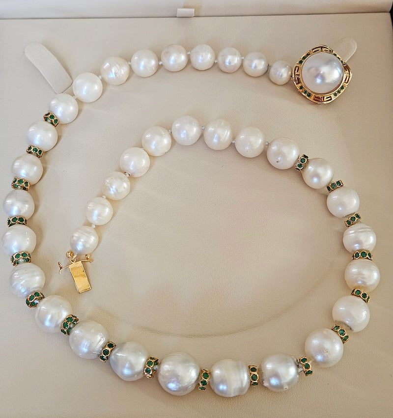 Vintage 14K Gold Cultured 10-15mm Pearl Necklace Emerald Rondelles Mabe Pearl Clasp 20"