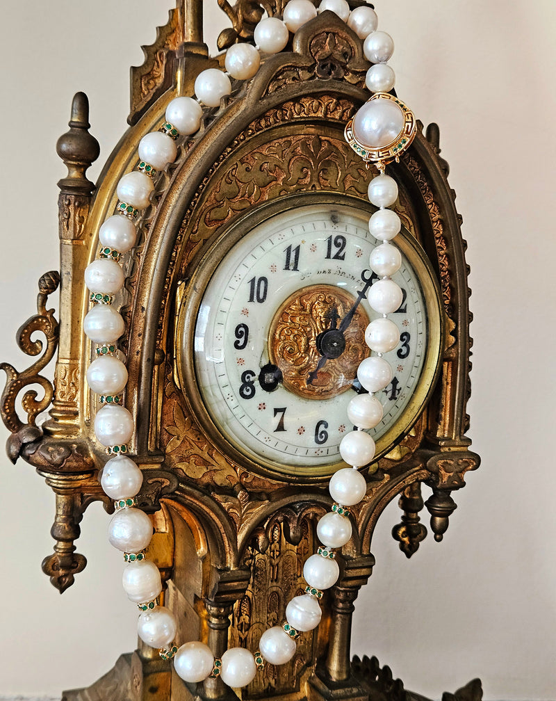 Vintage 14K Gold Cultured 10-15mm Pearl Necklace Emerald Rondelles Mabe Pearl Clasp 20"