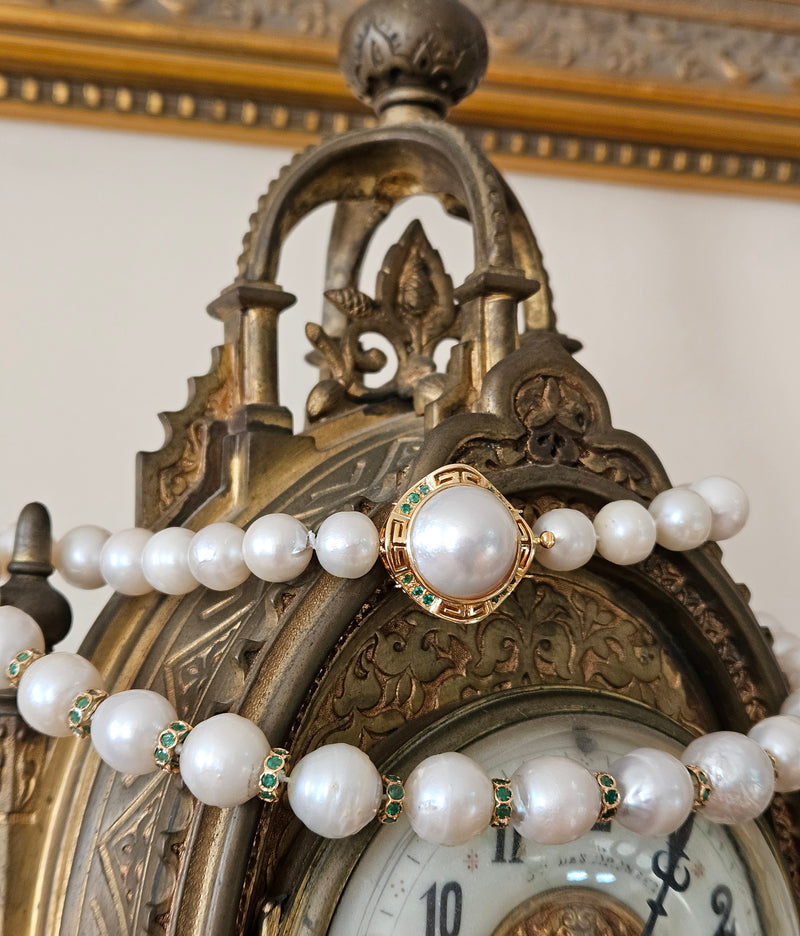 Vintage 14K Gold Cultured 10-15mm Pearl Necklace Emerald Rondelles Mabe Pearl Clasp 20"