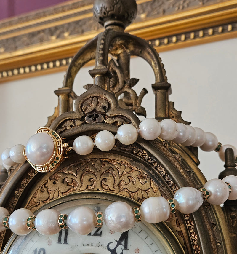 Vintage 14K Gold Cultured 10-15mm Pearl Necklace Emerald Rondelles Mabe Pearl Clasp 20"