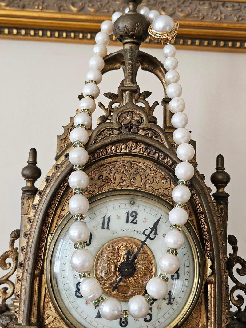 Vintage 14K Gold Cultured 10-15mm Pearl Necklace Emerald Rondelles Mabe Pearl Clasp 20"