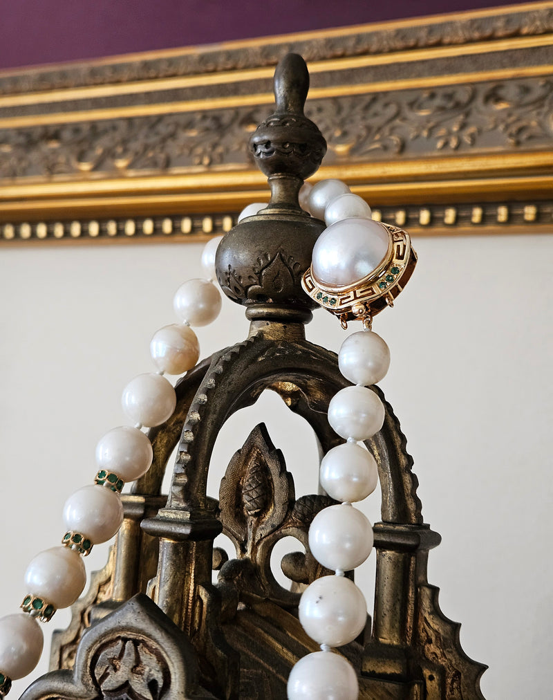 Vintage 14K Gold Cultured 10-15mm Pearl Necklace Emerald Rondelles Mabe Pearl Clasp 20"