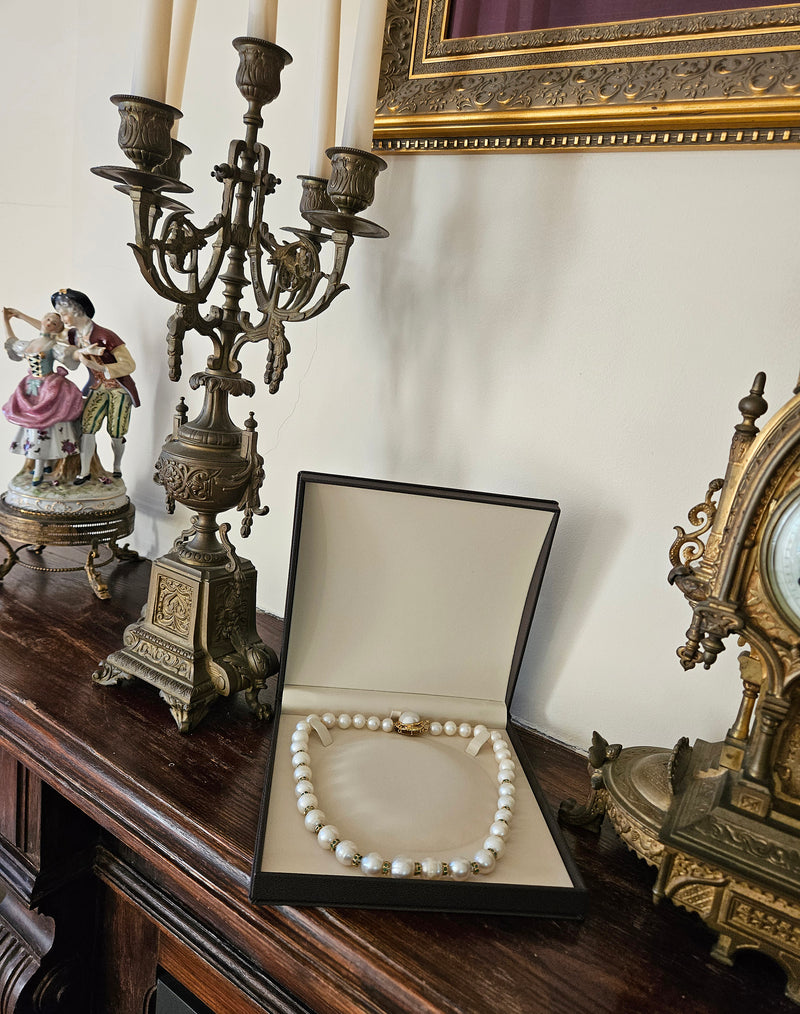 Vintage 14K Gold Cultured 10-15mm Pearl Necklace Emerald Rondelles Mabe Pearl Clasp 20"