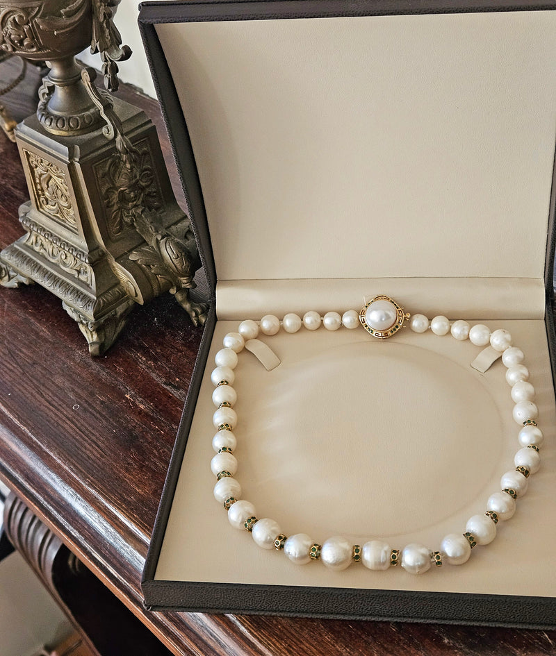 Vintage 14K Gold Cultured 10-15mm Pearl Necklace Emerald Rondelles Mabe Pearl Clasp 20"