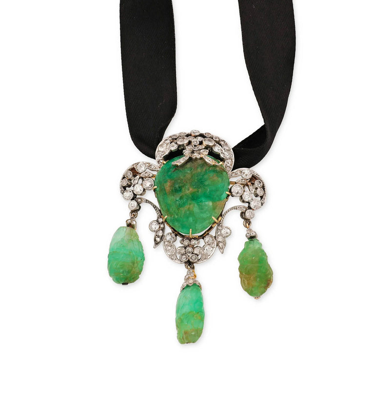 1900s GIA Mughal Carved EMERALD and Old Mine Rose Cut Diamond Platinum Topped-Gold Pendant Brooch