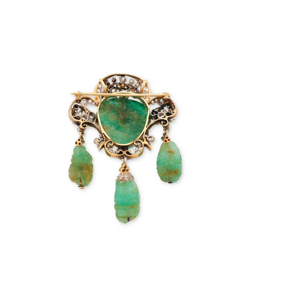 1900s GIA Mughal Carved EMERALD and Old Mine Rose Cut Diamond Platinum Topped-Gold Pendant Brooch
