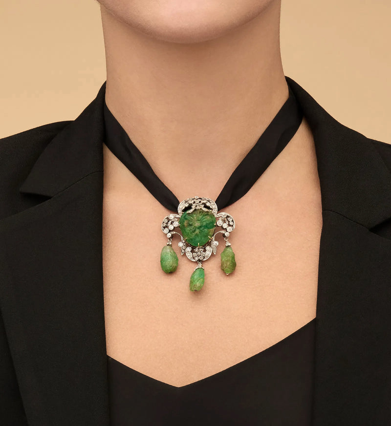 1900s GIA Mughal Carved EMERALD and Old Mine Rose Cut Diamond Platinum Topped-Gold Pendant Brooch