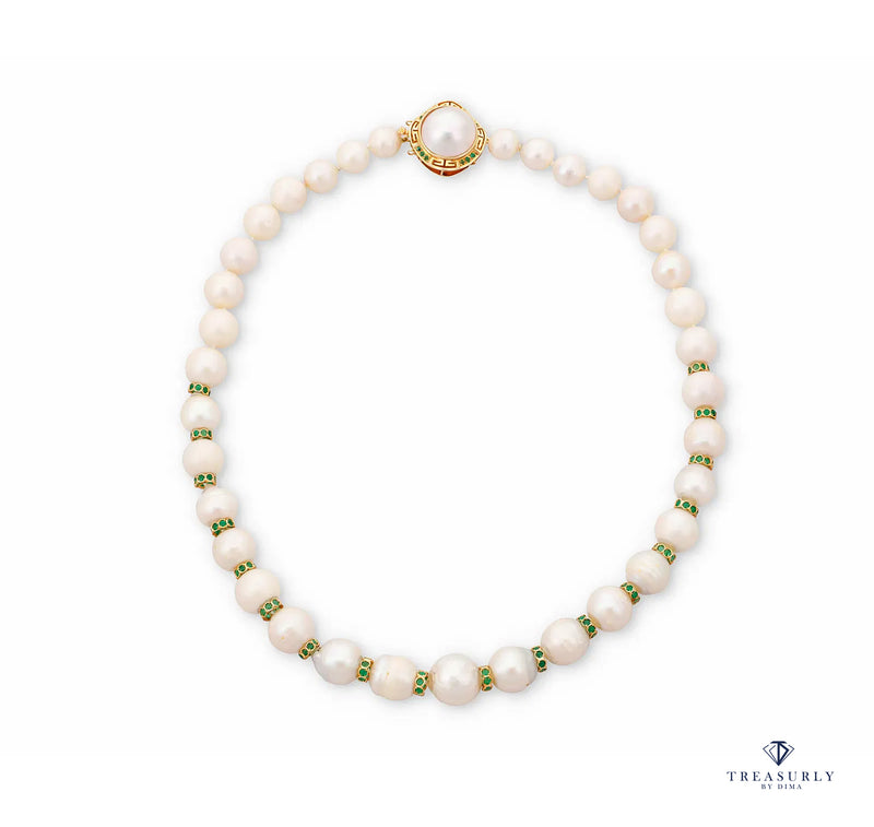 Vintage 14K Gold Cultured 10-15mm Pearl Necklace Emerald Rondelles Mabe Pearl Clasp 20"