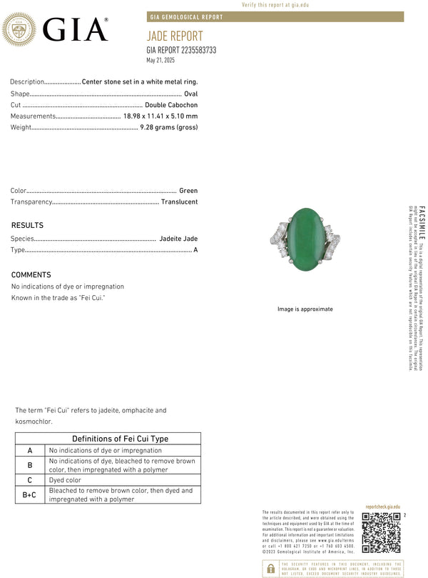Mid-Century GIA 11.62ctw Natural UNTREATED Green Jade JADEITE Diamond Platinum Ring
