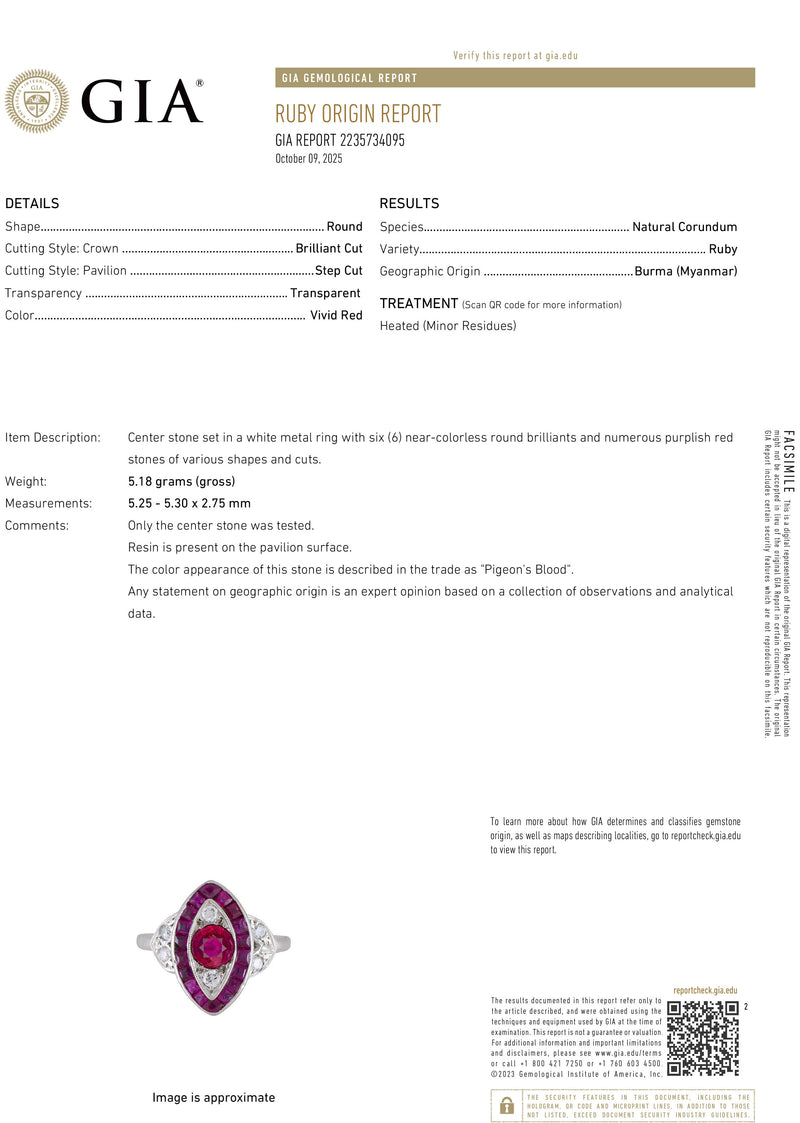 Art Deco GIA Burma Pigeon Blood Ruby and Diamond Platinum Vintage Ring, 1930s
