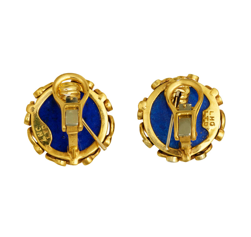 Vintage 18k Gold Lapis Lazuli Diamond Turquoise Button Earrings Clips Post