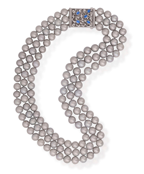 Multi Strand A DIAMOND, SAPPHIRE & Cultured Grey PEARL Necklace 18K White Gold