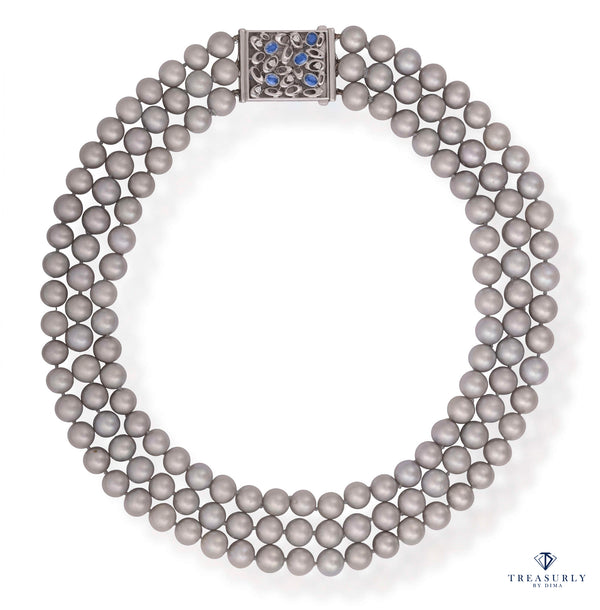 Multi Strand A DIAMOND, SAPPHIRE & Cultured Grey PEARL Necklace 18K White Gold