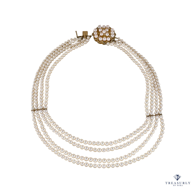 GIA 4-Strand Saltwater Akoya Japanese Pearl Diamond 14K Yellow Gold Vintage Necklace