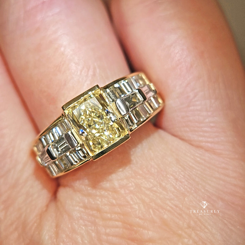 Vintage GIA 4.0ctw Natural YELLOW Radiant Cut Diamond Wedding 18KY Gold Ring