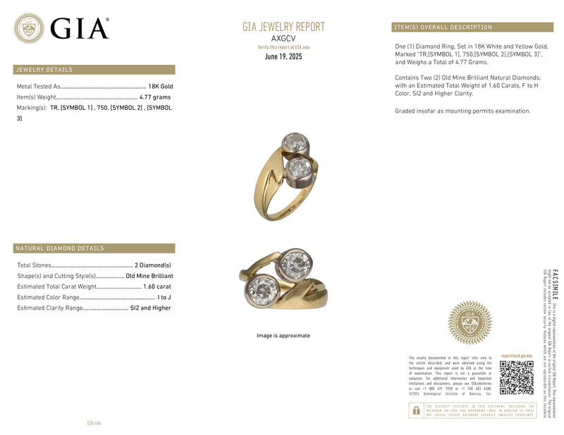1914 Art Nouveau GIA 1.60ct Antique Old Mine cut Diamond Crossover "Toi et Moi" 18K Gold Ring