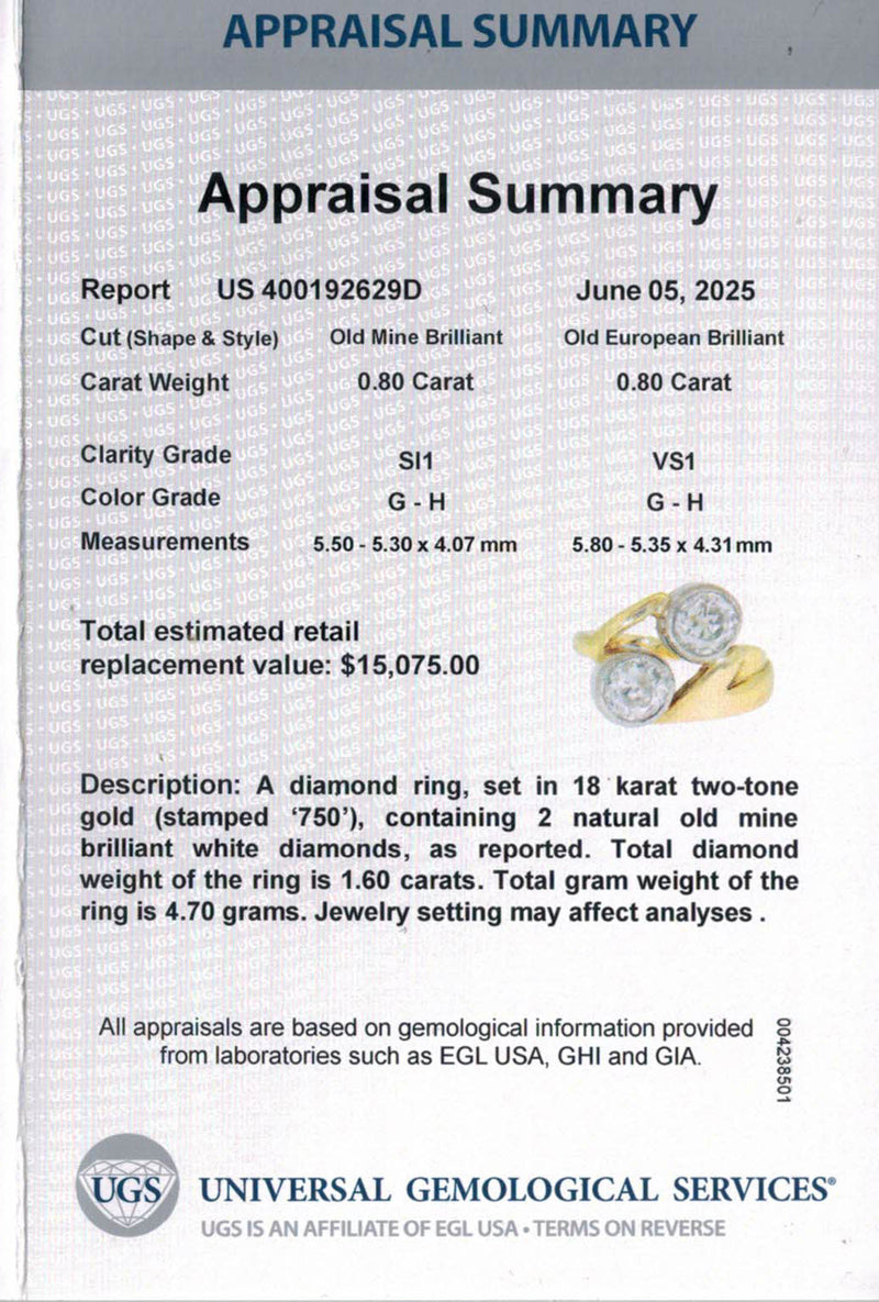 1914 Art Nouveau GIA 1.60ct Antique Old Mine cut Diamond Crossover "Toi et Moi" 18K Gold Ring