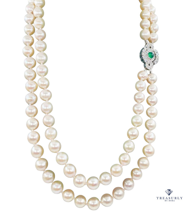 Akoya 2-Row 8.2-8.9mm Cultured Pearl Necklace 18k Gold Diamond Agate Jewelry Clasp