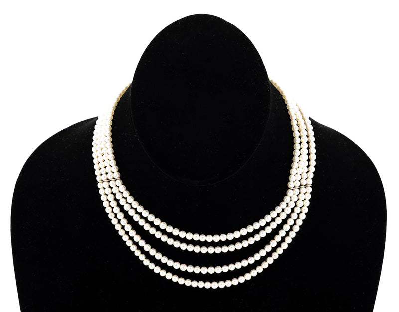 GIA 4-Strand Saltwater Akoya Japanese Pearl Diamond 14K Yellow Gold Vintage Necklace