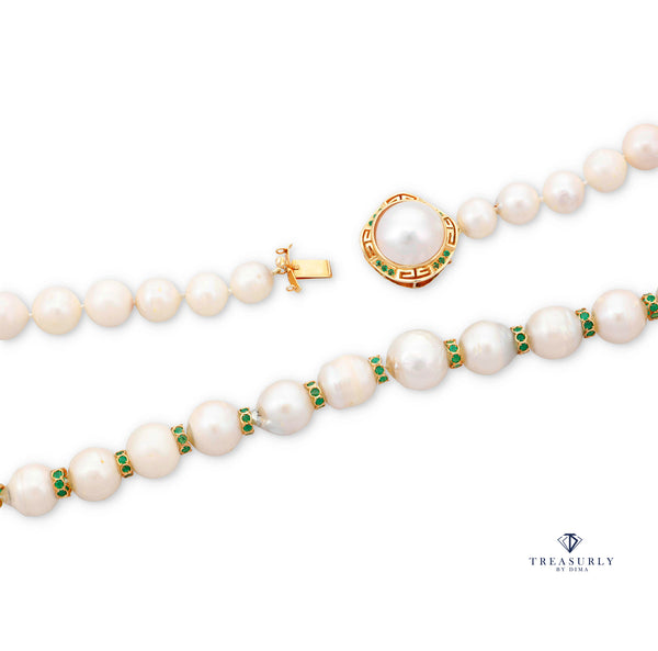 Vintage 14K Gold Cultured 10-15mm Pearl Necklace Emerald Rondelles Mabe Pearl Clasp 20"