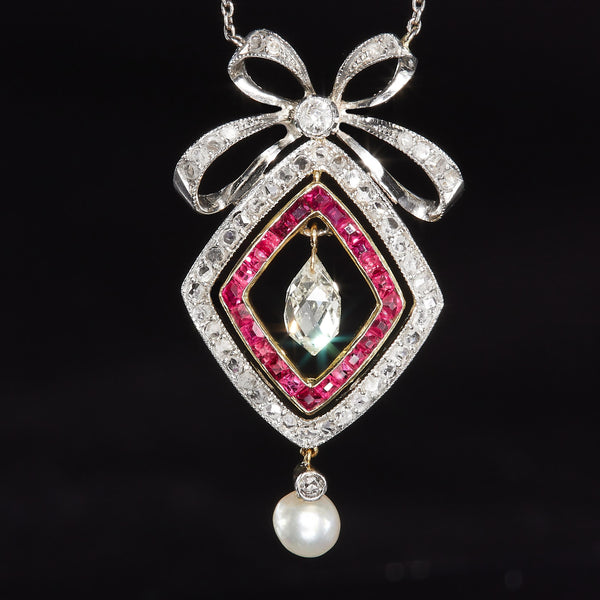 Fine GIA Natural Saltwater Pearl Ruby & Diamond Antique Edwardian Belle Époque Bow LAVALIÈRE Platinum Gold Necklace