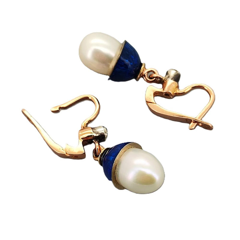 IMPERIAL RUSSIAN Faberge Diamond Pearl Blue Guilloche Enamel 14k Drop Earrings