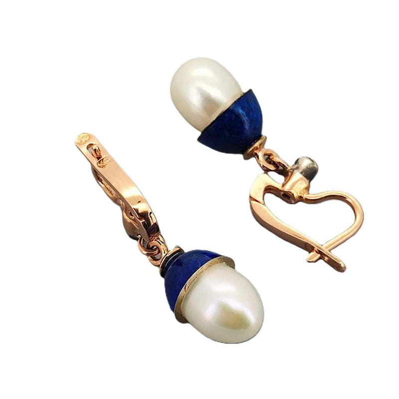 IMPERIAL RUSSIAN Faberge Diamond Pearl Blue Guilloche Enamel 14k Drop Earrings