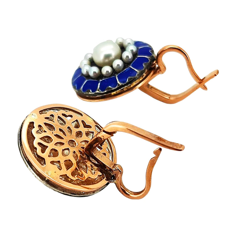 IMPERIAL RUSSIAN 14k Rose Gold Pearls Blue Guilloche Enamel Drop Earrings