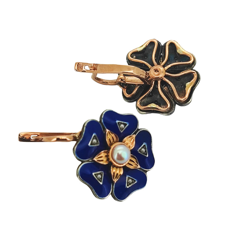 IMPERIAL RUSSIAN 14k Rose Gold Flower Pearls Blue Guilloche Enamel Drop Earrings