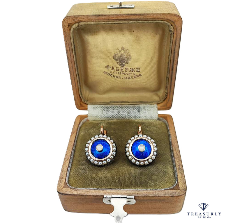 IMPERIAL RUSSIAN Faberge 14k Gold Moonstone Pearl Blue Guilloche Enamel Earrings