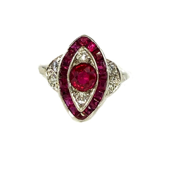 Art Deco GIA Burma Pigeon Blood Ruby and Diamond Platinum Vintage Ring, 1930s
