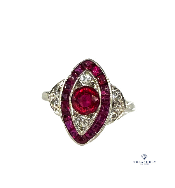 Art Deco GIA Burma Pigeon Blood Ruby and Diamond Platinum Vintage Ring, 1930s