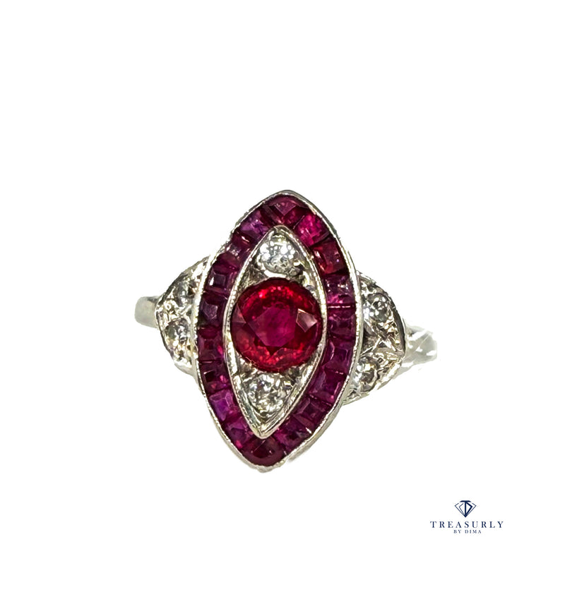 Art Deco GIA Burma Pigeon Blood Ruby and Diamond Platinum Vintage Ring, 1930s