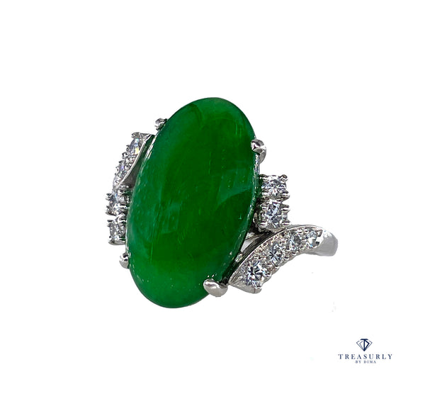 Mid-Century GIA 11.62ctw Natural UNTREATED Green Jade JADEITE Diamond Platinum Ring