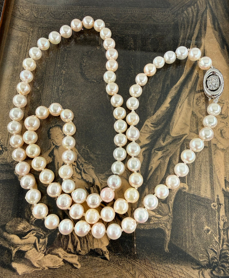 Long 26 3/4" Convertible Diamond Akoya Cultured Japanese 7mm PEARL 14K Gold Vintage NECKLACE