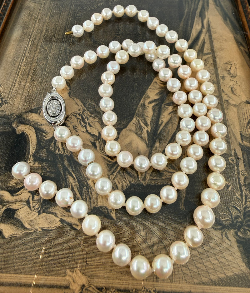 Long 26 3/4" Convertible Diamond Akoya Cultured Japanese 7mm PEARL 14K Gold Vintage NECKLACE