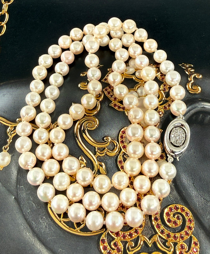 Long 26 3/4" Convertible Diamond Akoya Cultured Japanese 7mm PEARL 14K Gold Vintage NECKLACE