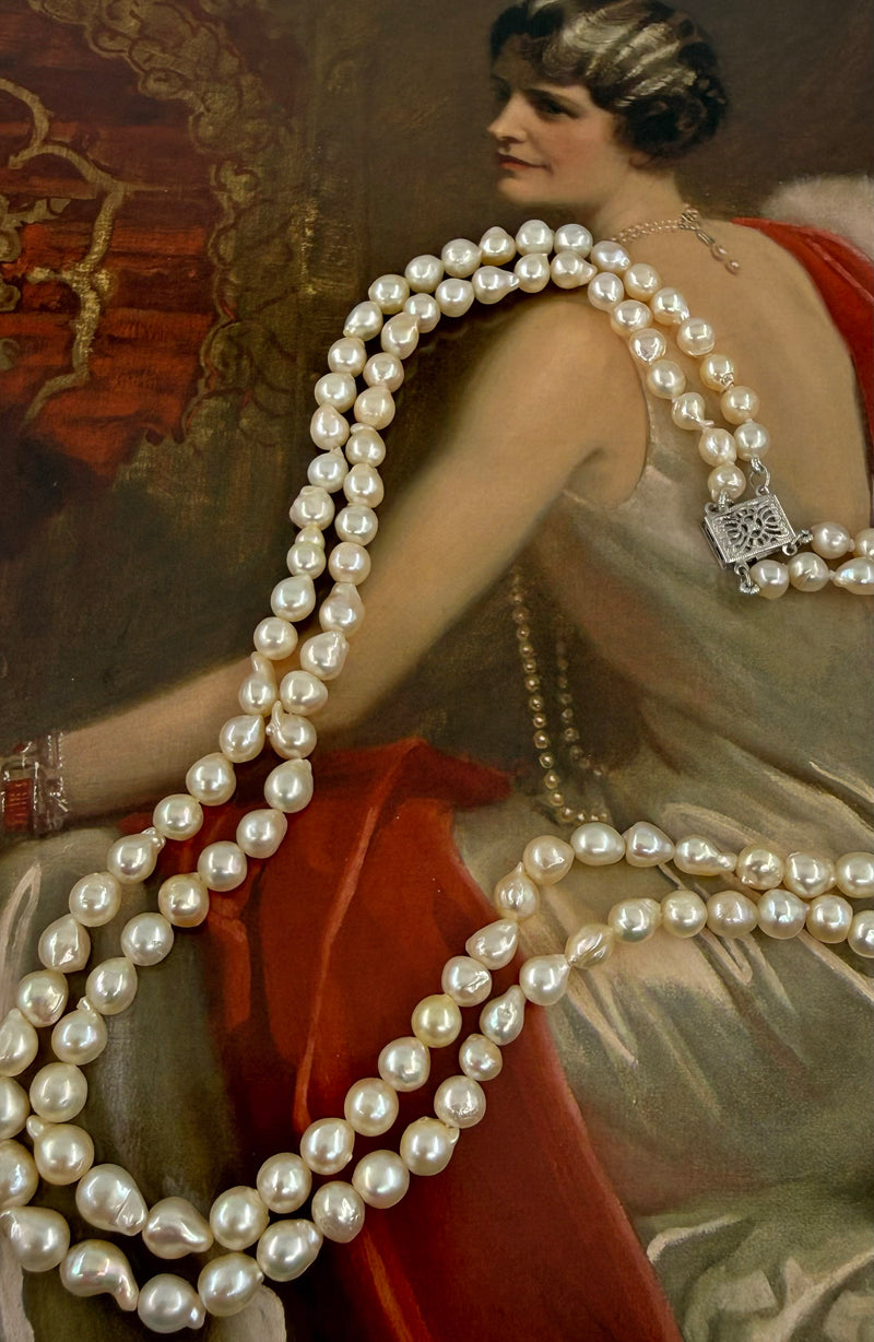 GIA 2-Strand Akoya Baroque Japanese Pearl 14K White Gold Vintage Necklace; Multi Strand Pearl Necklace