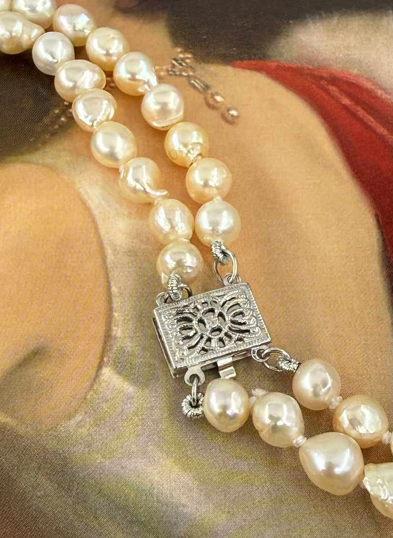 GIA 2-Strand Akoya Baroque Japanese Pearl 14K White Gold Vintage Necklace; Multi Strand Pearl Necklace