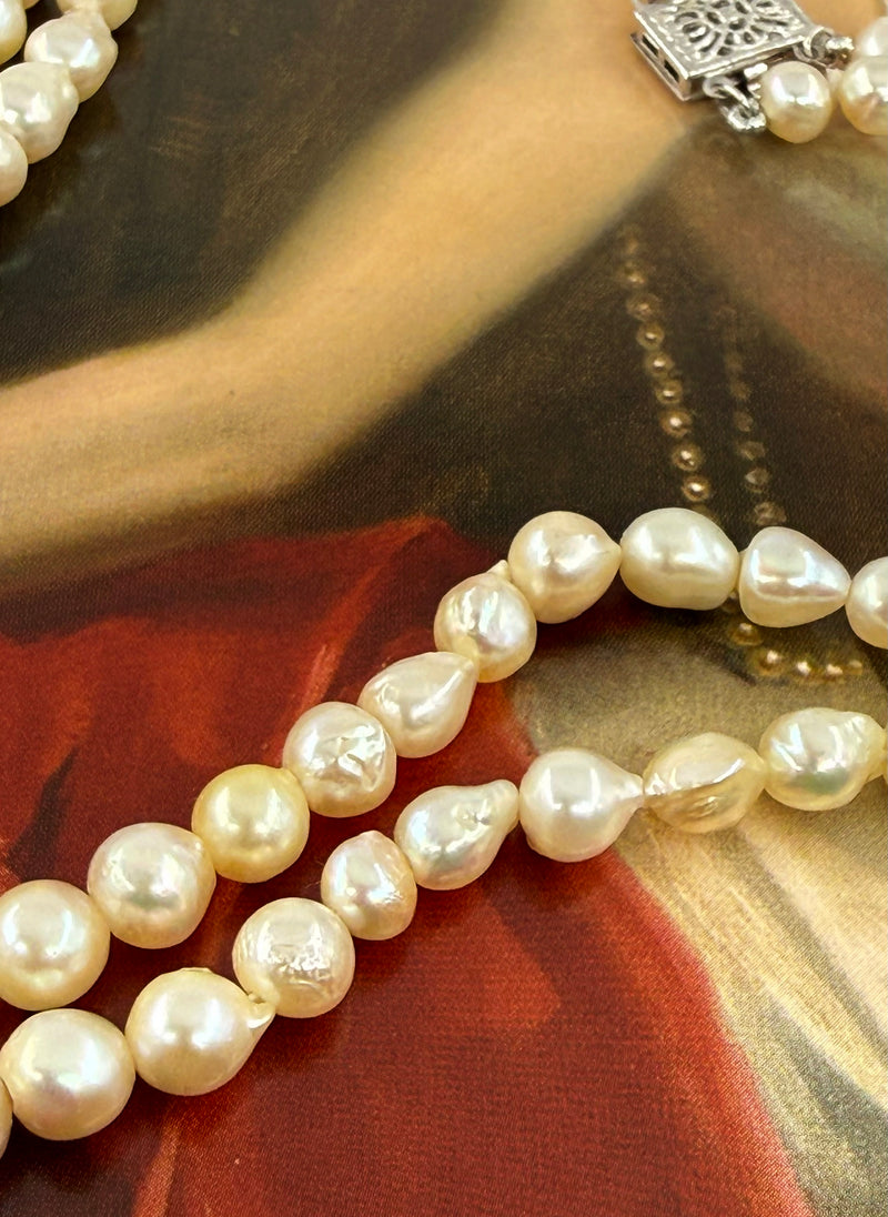GIA 2-Strand Akoya Baroque Japanese Pearl 14K White Gold Vintage Necklace; Multi Strand Pearl Necklace