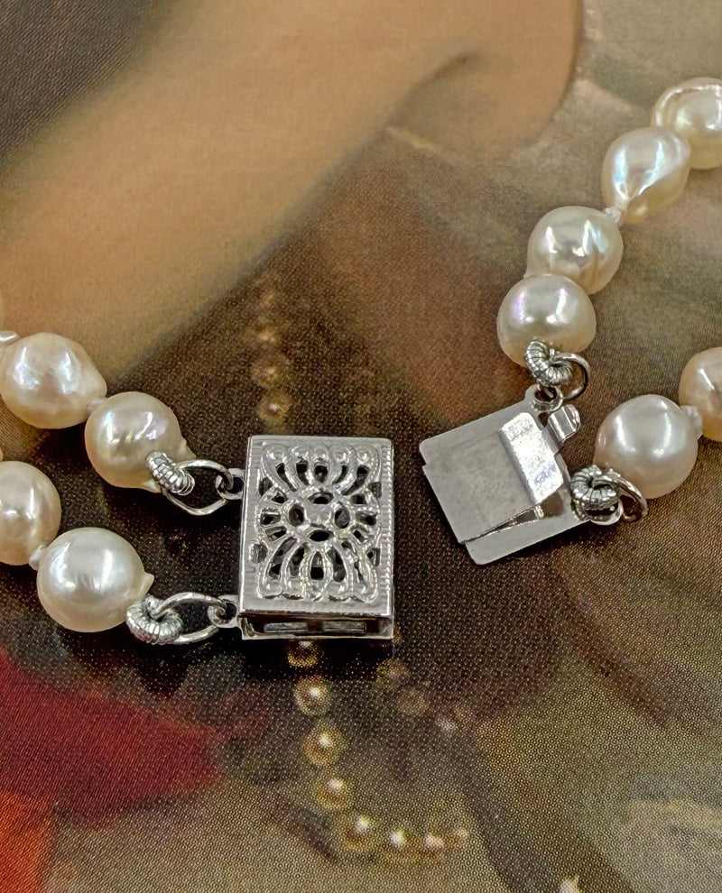 GIA 2-Strand Akoya Baroque Japanese Pearl 14K White Gold Vintage Necklace; Multi Strand Pearl Necklace