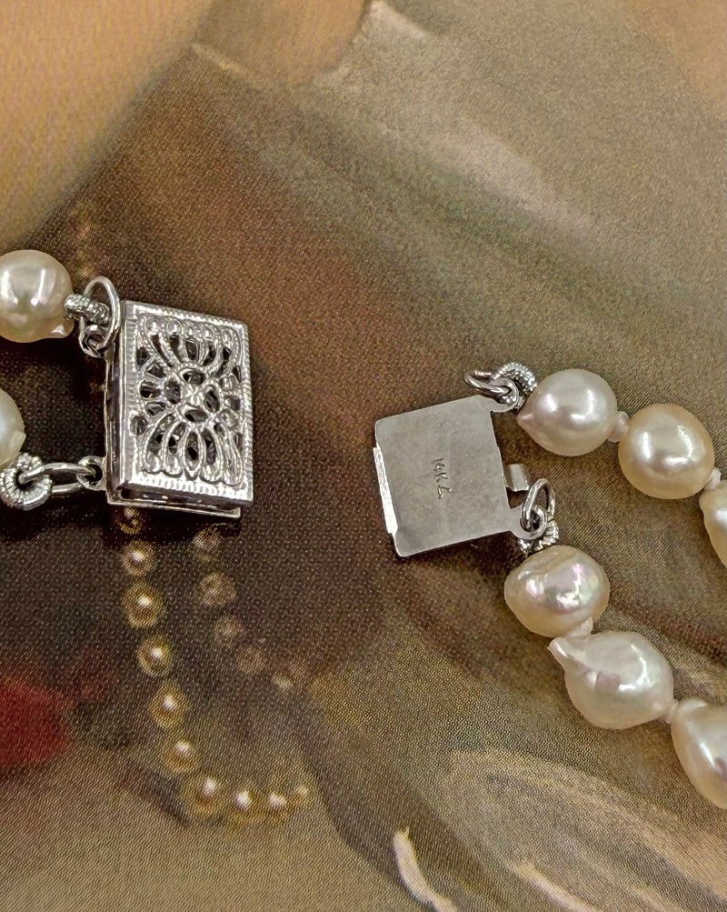 GIA 2-Strand Akoya Baroque Japanese Pearl 14K White Gold Vintage Necklace; Multi Strand Pearl Necklace