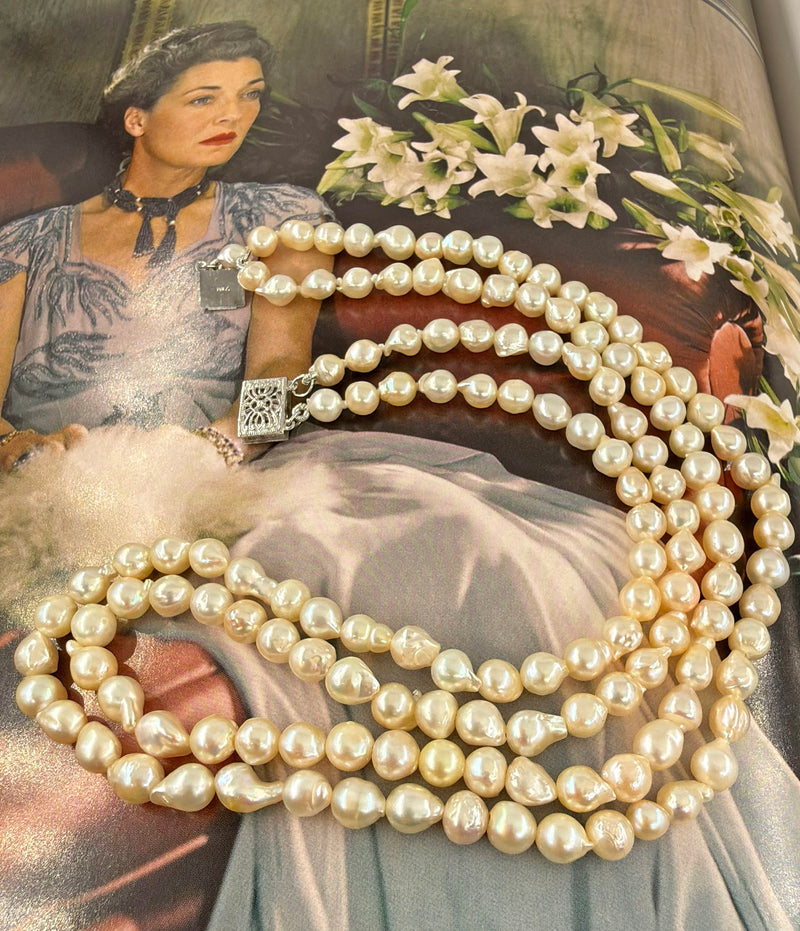 GIA 2-Strand Akoya Baroque Japanese Pearl 14K White Gold Vintage Necklace; Multi Strand Pearl Necklace