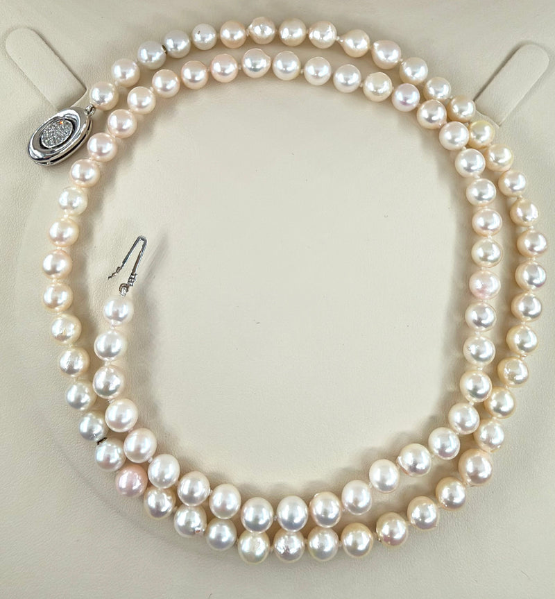 Long 26 3/4" Convertible Diamond Akoya Cultured Japanese 7mm PEARL 14K Gold Vintage NECKLACE