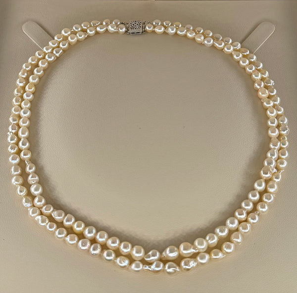 GIA 2-Strand Akoya Baroque Japanese Pearl 14K White Gold Vintage Necklace; Multi Strand Pearl Necklace