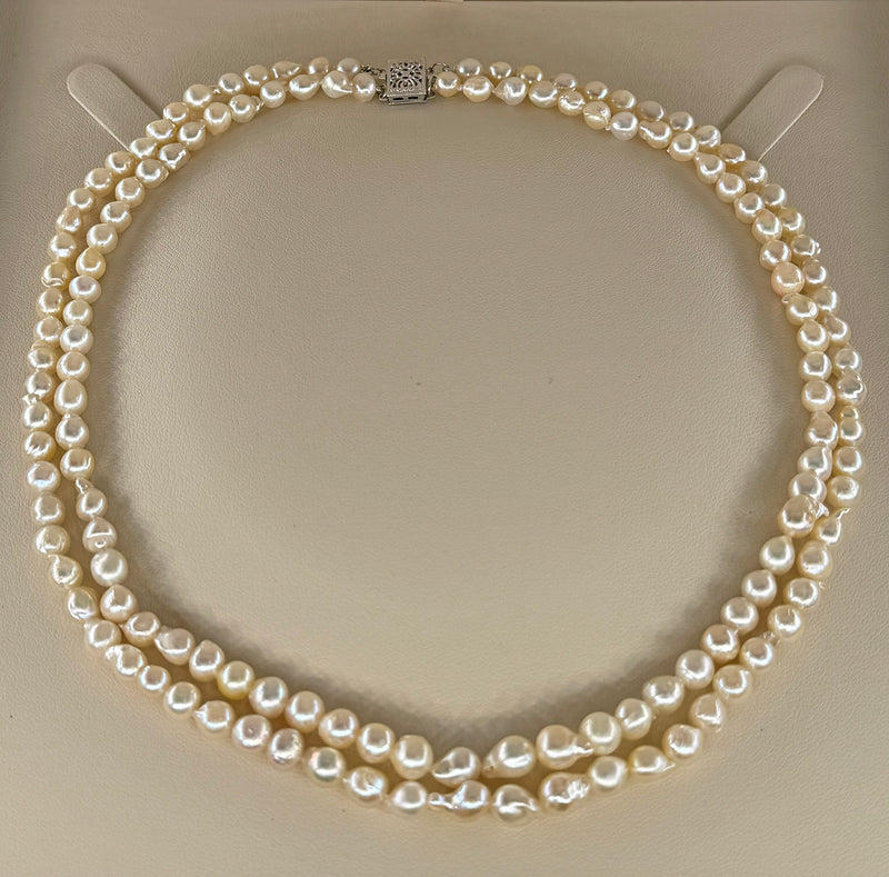 GIA 2-Strand Akoya Baroque Japanese Pearl 14K White Gold Vintage Necklace; Multi Strand Pearl Necklace