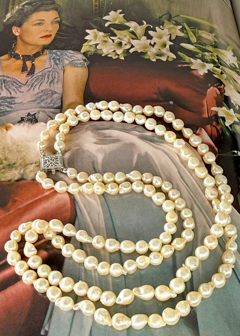 GIA 2-Strand Akoya Baroque Japanese Pearl 14K White Gold Vintage Necklace; Multi Strand Pearl Necklace