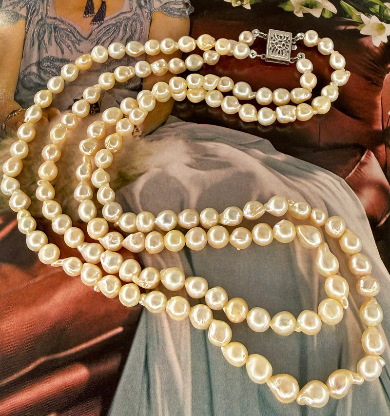 GIA 2-Strand Akoya Baroque Japanese Pearl 14K White Gold Vintage Necklace; Multi Strand Pearl Necklace