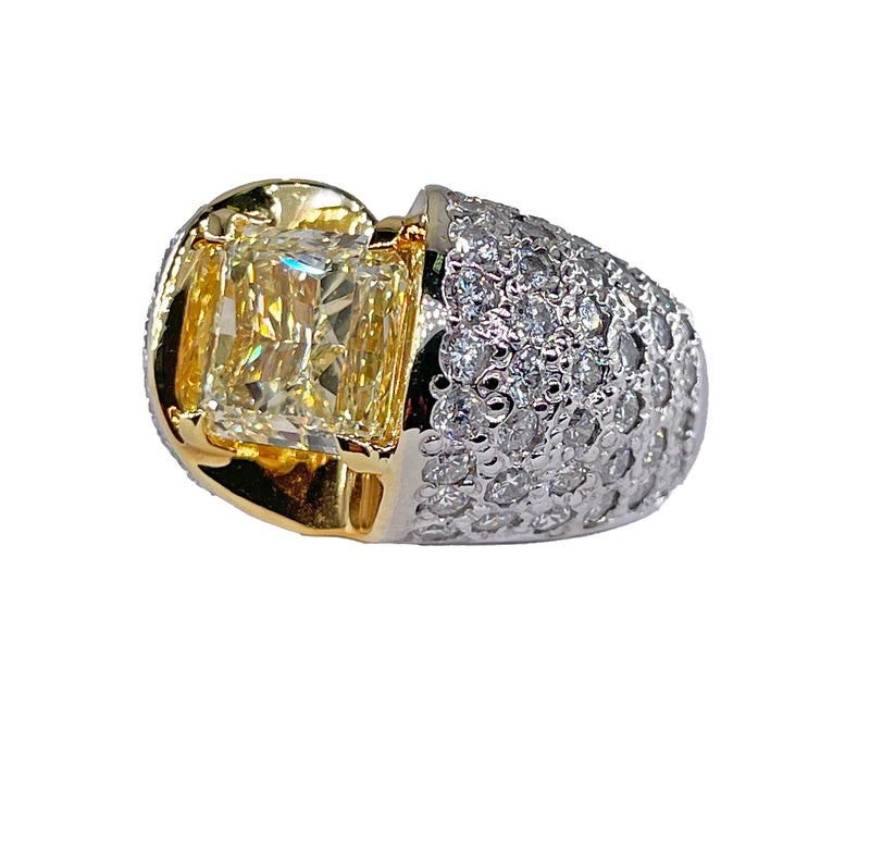 Vintage “Canary” GIA 7.02ctw Natural Fancy YELLOW Radiant Cut Diamond Dome 18K Ring